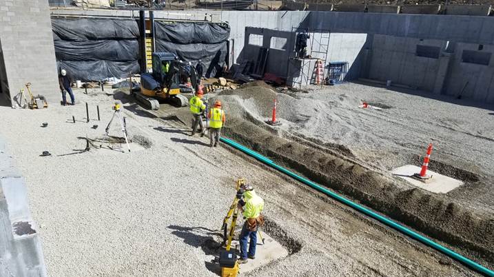 Construction workers working on basement walls